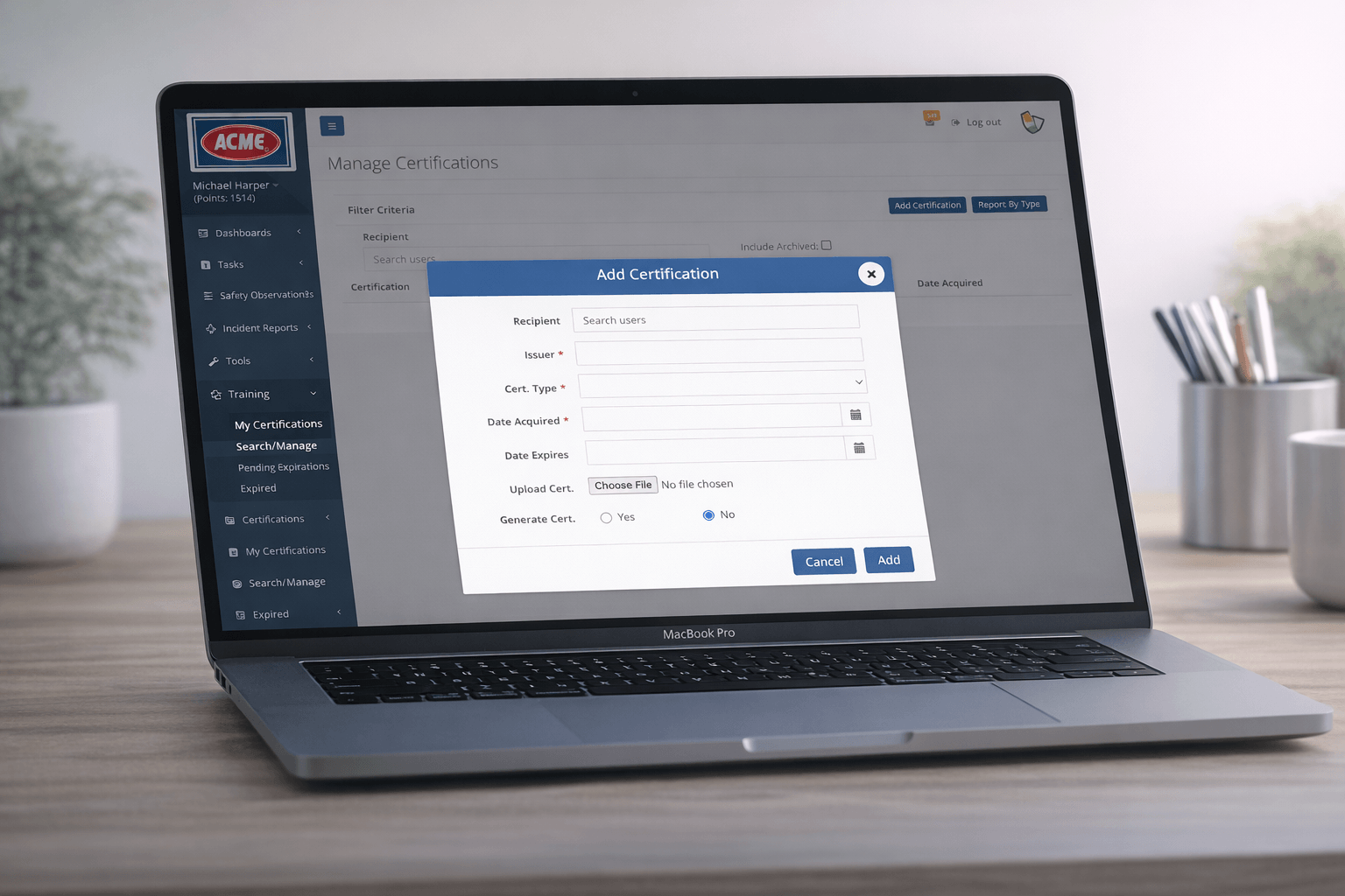 Safety certification management dashboard in Simple Safety Coach