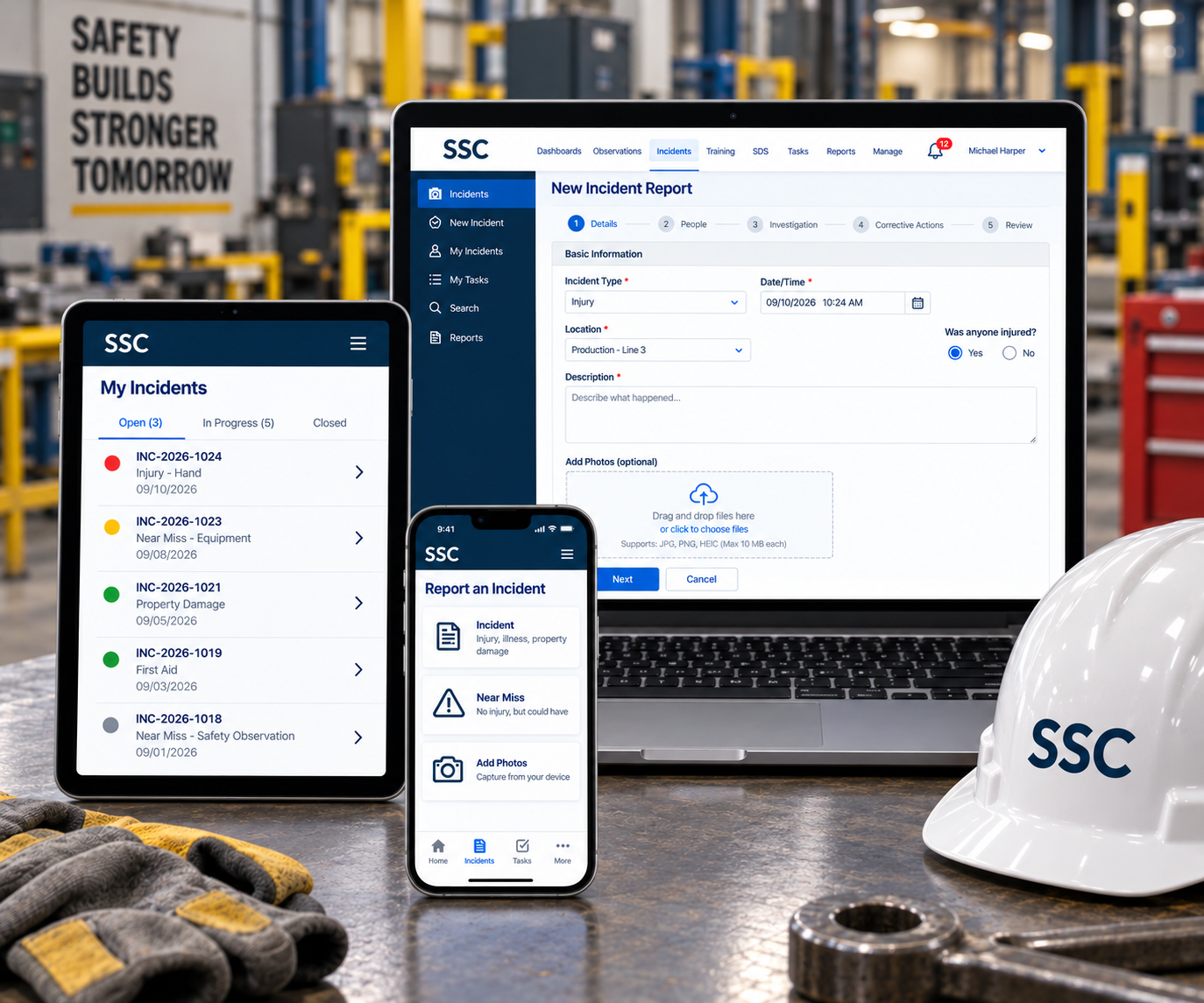SSC Incident Management shown across laptop, tablet, and mobile devices on a shop floor