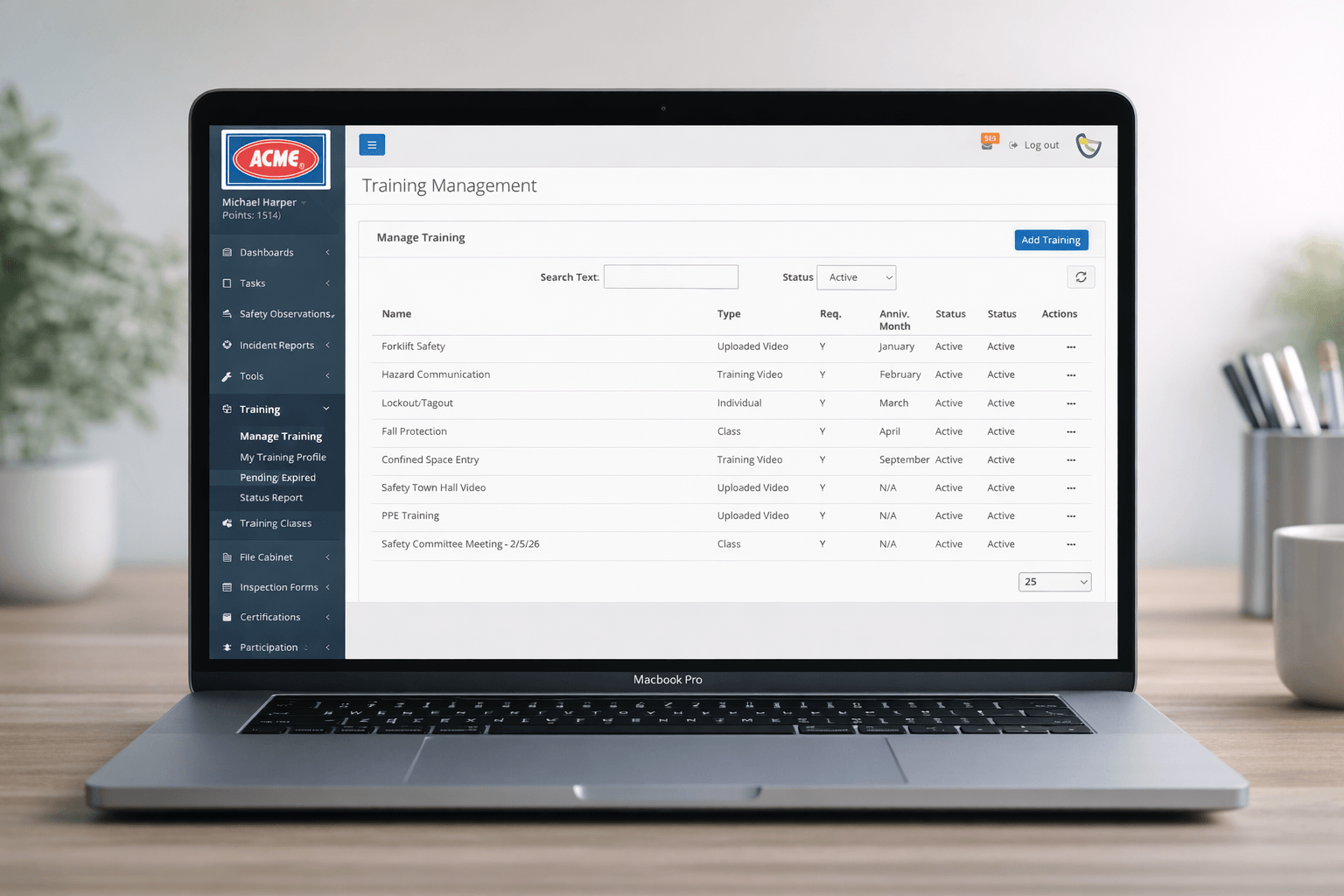 Safety training management dashboard in Simple Safety Coach